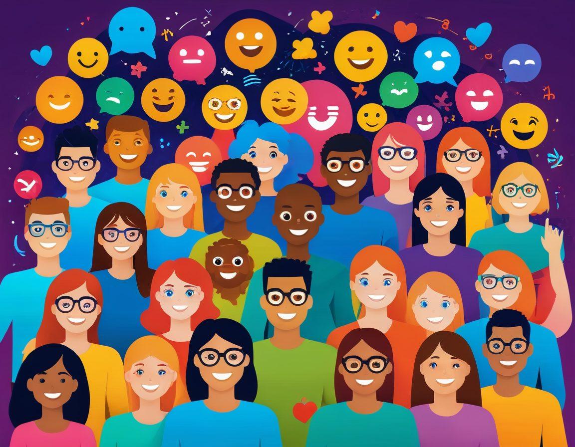 A vibrant illustration of a diverse group of users engaging joyfully in a digital community, surrounded by colorful elements like emojis and interactive icons, highlighting connection and satisfaction. Their faces show expressions of happiness and collaboration, with abstract shapes representing engagement flowing around them. The background features a dynamic mix of technology and creativity. vibrant colors. digital art.