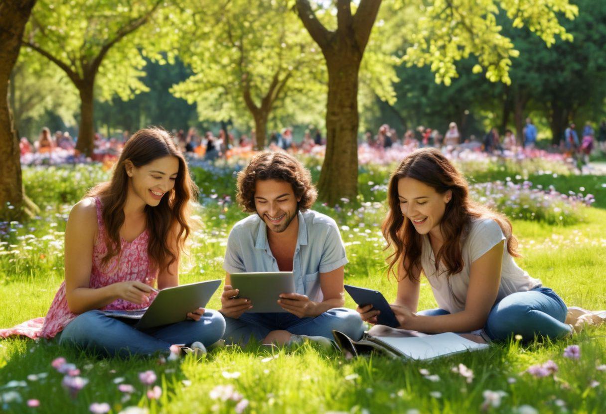 A serene and joyful scene depicting a diverse group of people engaging with their digital devices in a lush, vibrant park filled with blooming flowers and playful butterflies. The individuals are laughing and sharing experiences, showcasing elements of technology like laptops, smartphones, and tablets with a whimsical touch. Bright sunlight filters through the trees, casting cheerful shadows on the ground. super-realistic. vibrant colors. 3D.